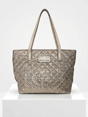 GUESS Quilted Sequin Tote Bag Gold Champagne Metallic Mixed Media Handbag Purse